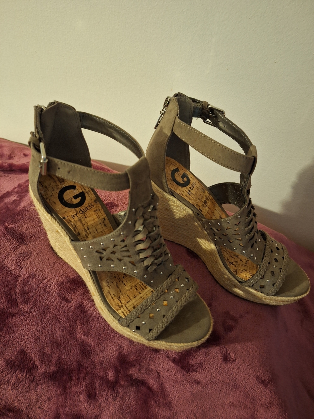 G by GUESS Taupe Wedge Sandals with Ankle Strap